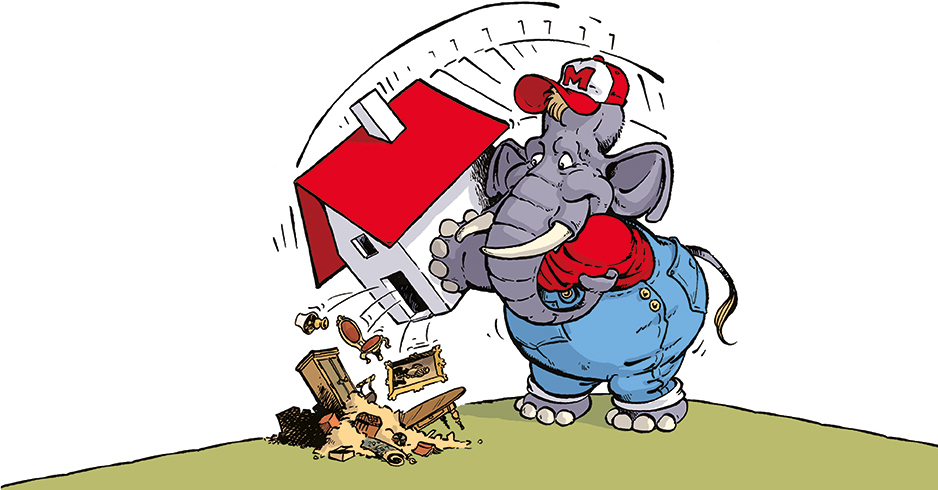 Ein witzig gezeichneter Elefant in blauer Latzhose schüttelt alte Möbel und andere Gegenstände aus einem Haus.